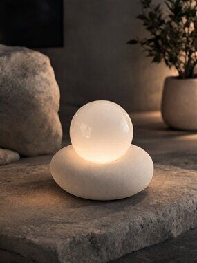 New White Modern Stone Sphere Nightstand Table Lamp Modern Retro Style Light